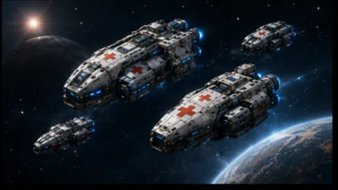 A fleet on approach to a planet, escorts trailing behind the lead hull.