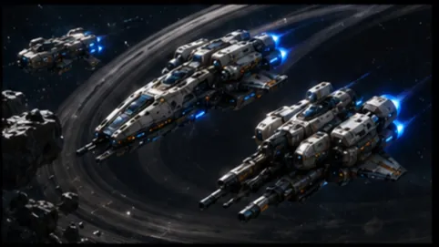 A formation of warships running in close order through open space.